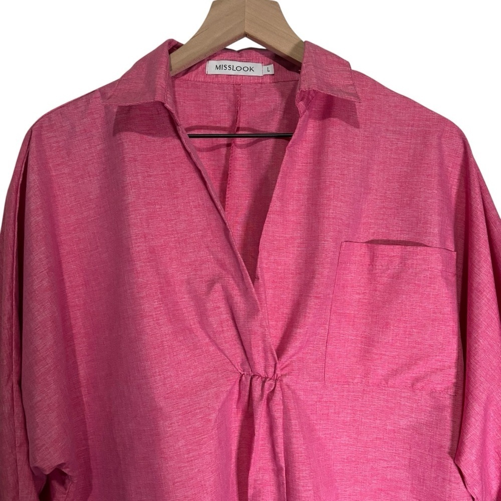 Pink Popover Tunic Top Large Cotton Blend Bell Sleeve Split Neck Boho Resort - Picture 5 of 15